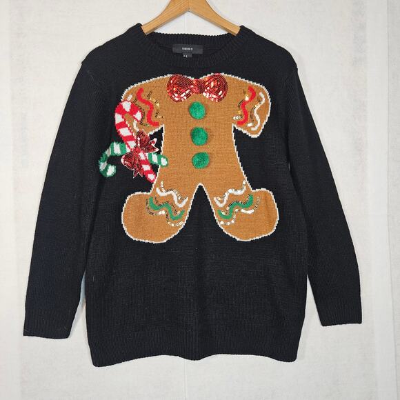 Forever 21 Black Crewneck Ugly Christmas Sweater Gingerbread Man - Picture 1 of 7